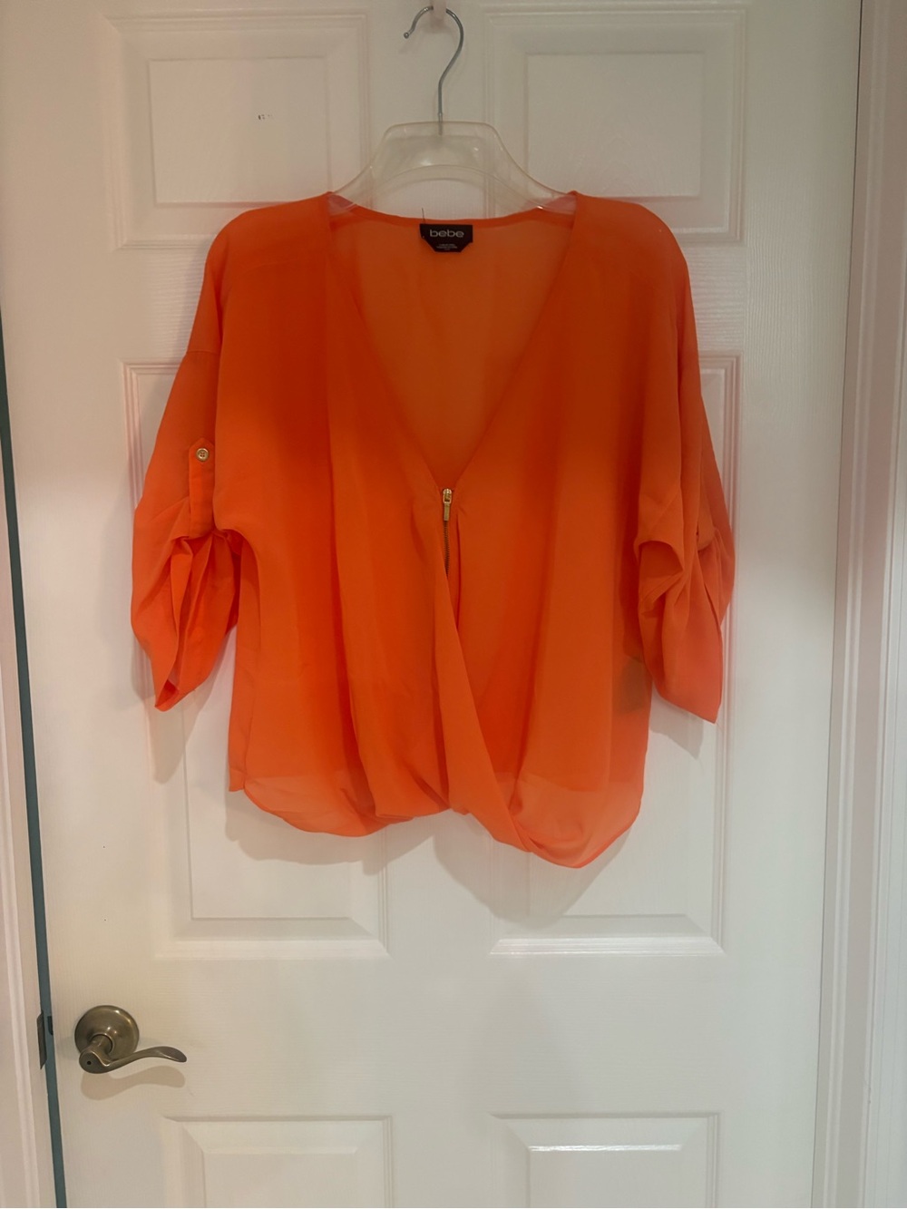 bebe Orange Chiffon Blouse Gold Zip Ruched Sleeve Top